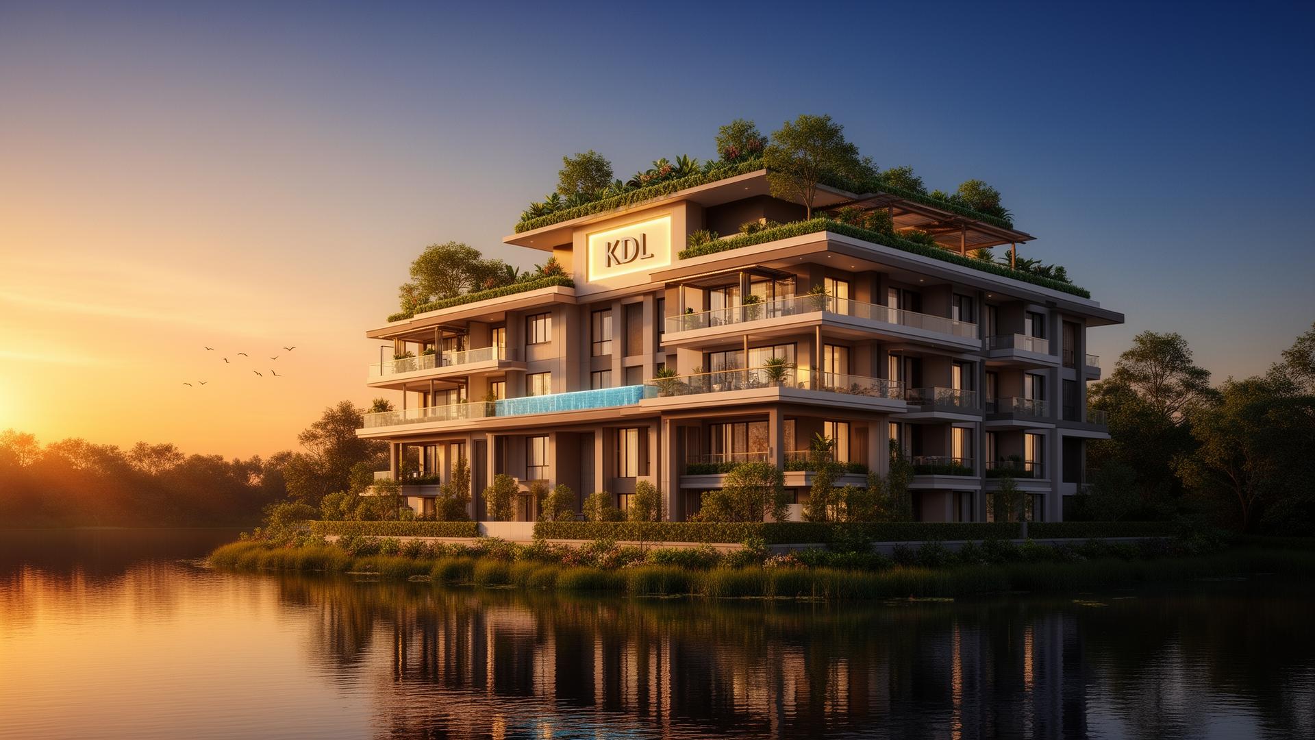 Premium KDL lakeside G+8 residential development at golden hour with rooftop garden and reflective water