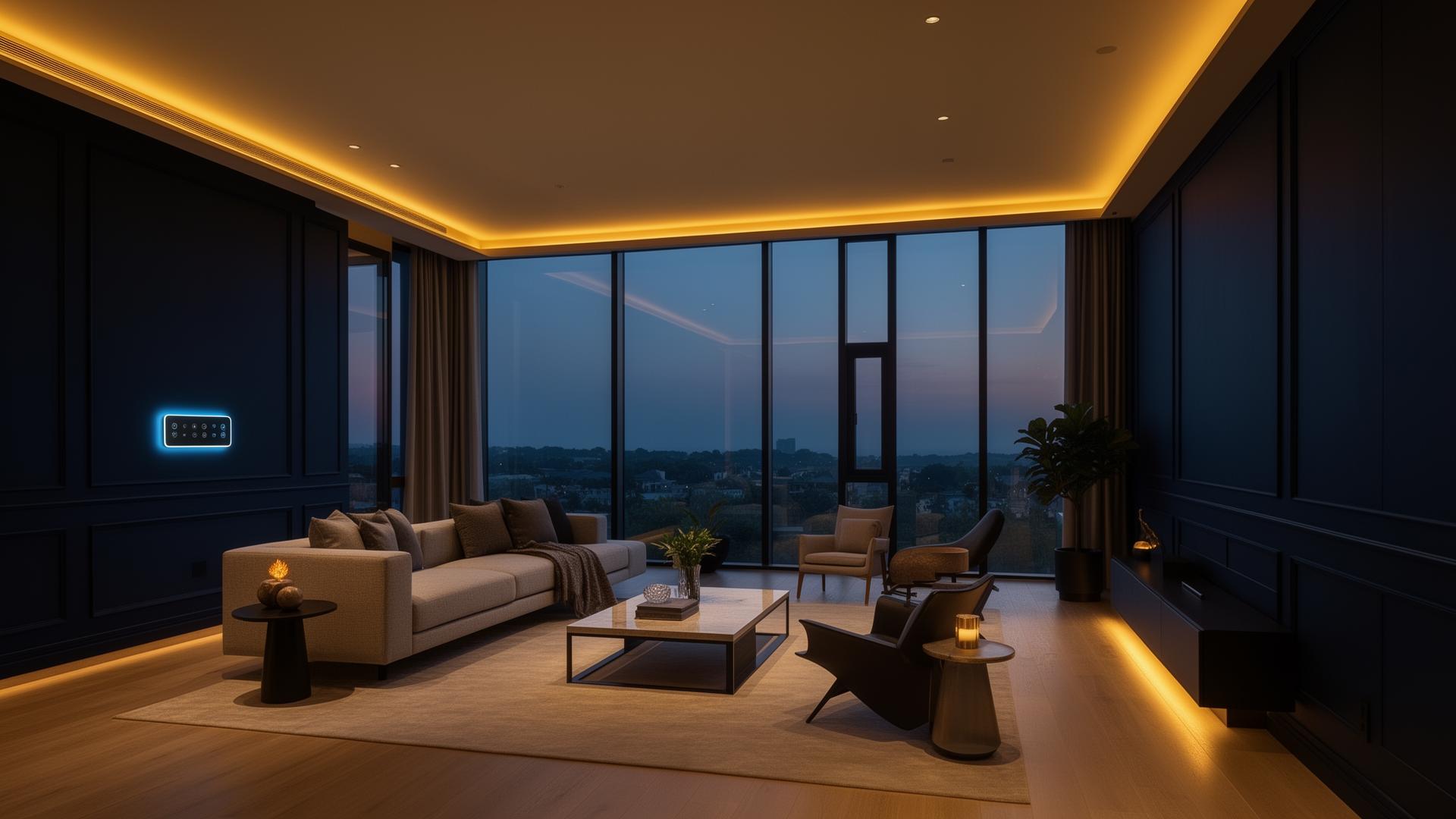 Luxury smart-home interior at dusk